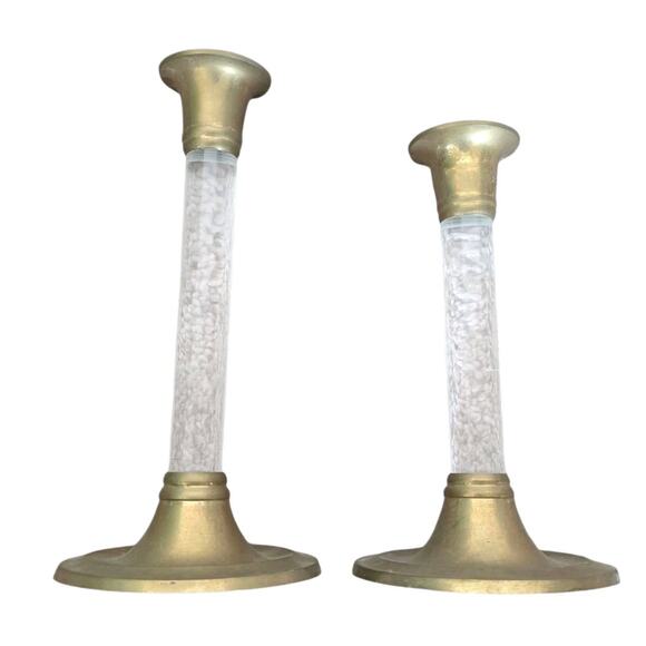 Vintage Graduated Brass & Lucite Candlestick Holders MCM Style Set Of 2 Glass - Picture 1 of 6